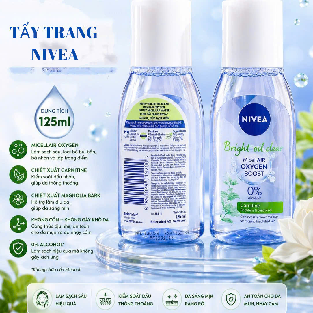 Nước tẩy trang Nivea Bright Oil Clear MicellAIR Oxygen Boost 125ml – Làm sạch sâu, kiểm soát dầu nhờn