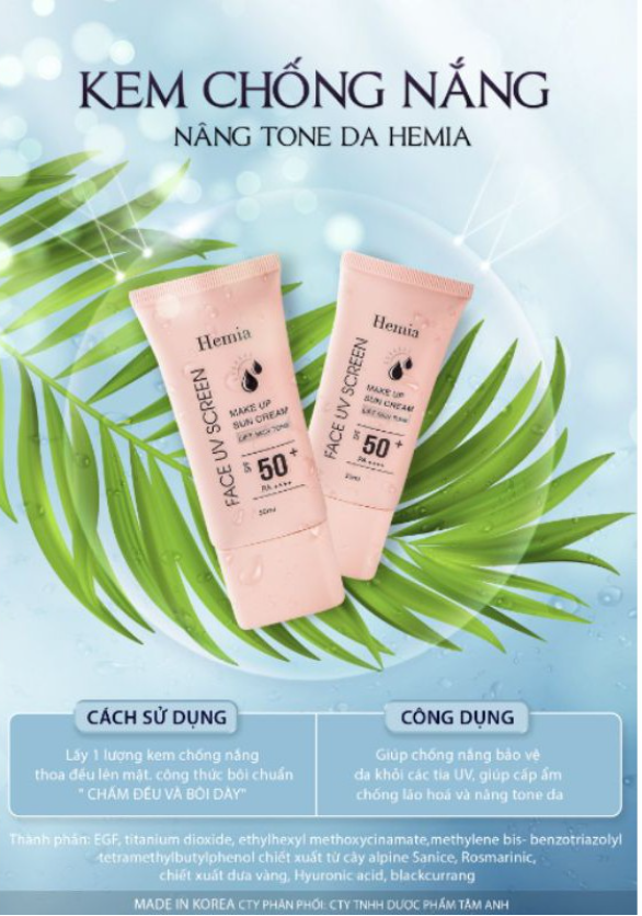 Kem chống nắng Hemia dưỡng trắng make up bảo vệ da, chống lão hóa-