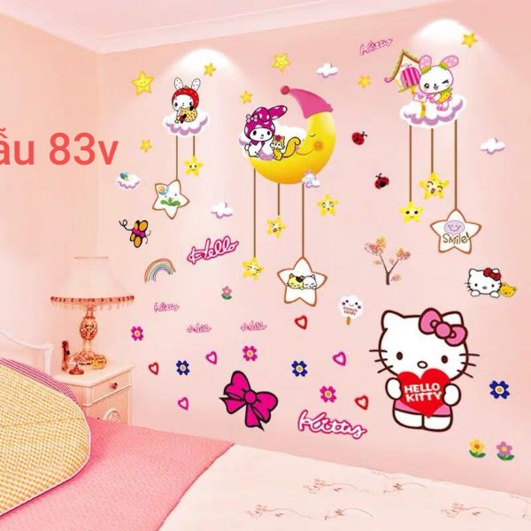 Tranh dán tường decal chúc ngủ ngon và kitty 1m5x1m7
