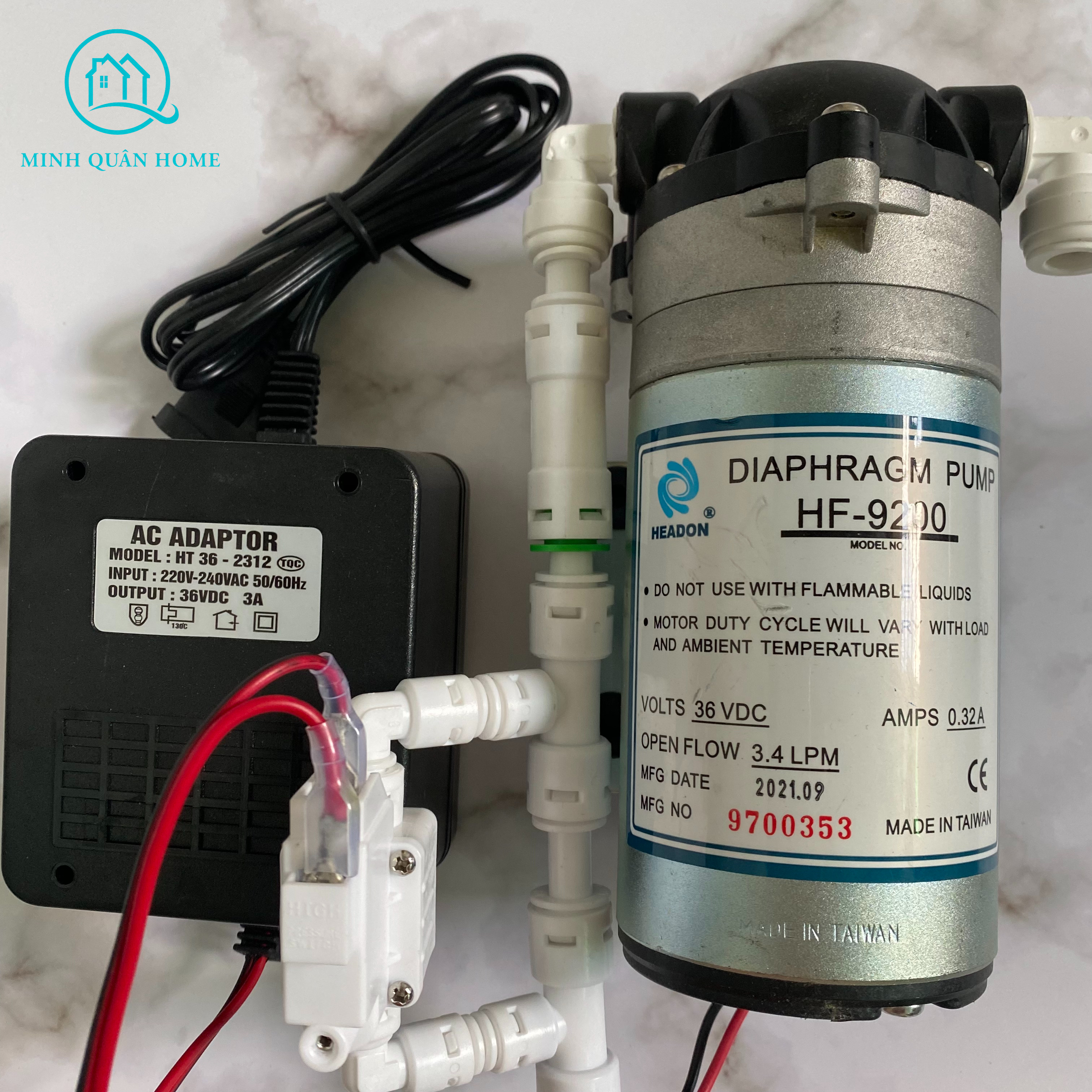 Bơm tăng áp máy lọc nước - bơm 36v headon hf-9200 kèm bộ nguồn 36v-3a, van áp cao tự ngắt ❤️giá tốt❤️
