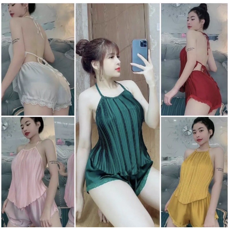 Đồ ngủ nữ sexy❤Set yếm lụa phi bóng 50-65kg