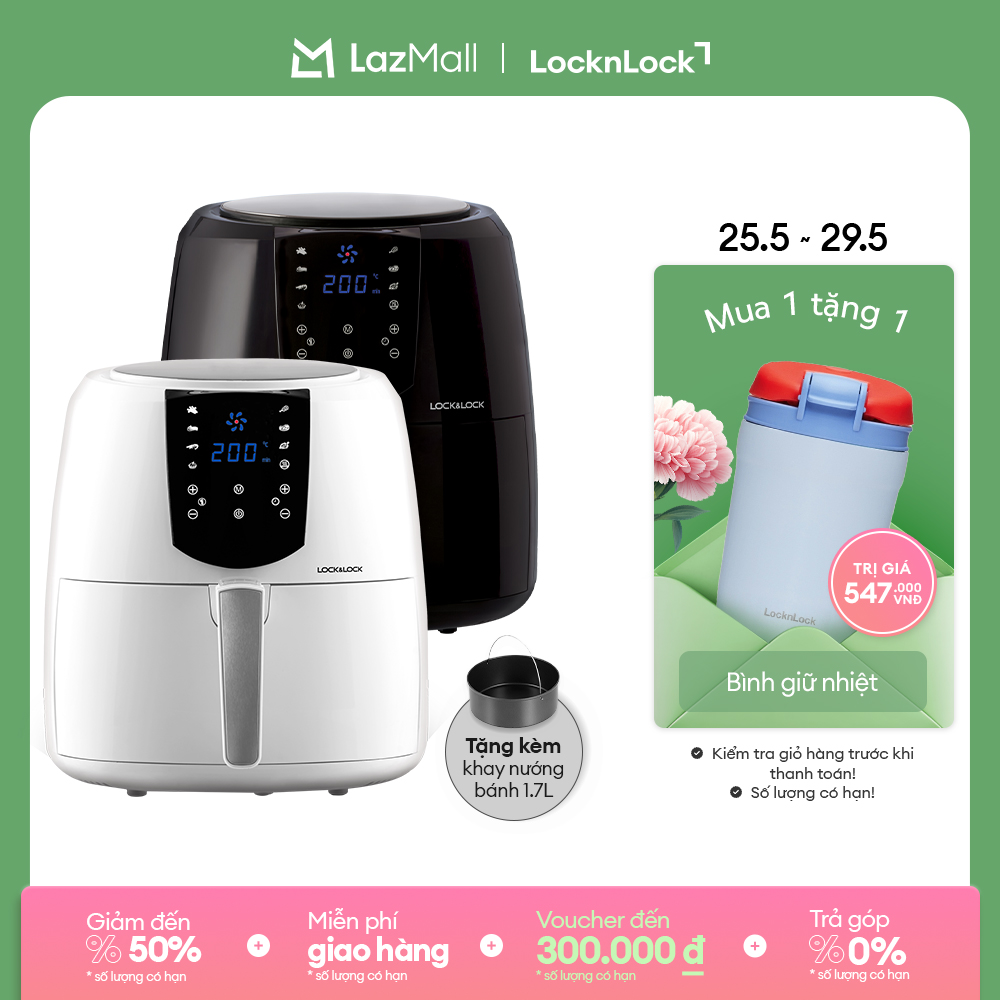 EJF357 - Nồi chiên không dầu LockLock 5.2L - Cảm ứng, 7 chế độ nấu, Tỏa nhiệt đối lưu, Tặng khay bánh - Chính hãng - Bảo hành 2 năm