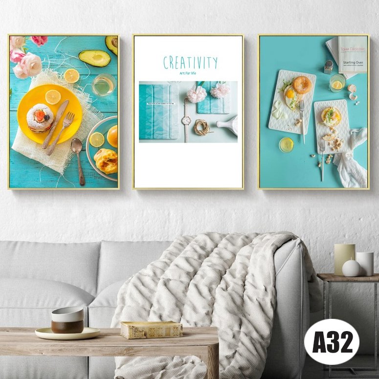 Tranh treo tường 3 bức họa tiết đời sống gam màu xanh trắng cỡ nhỏ (30x40cm)
