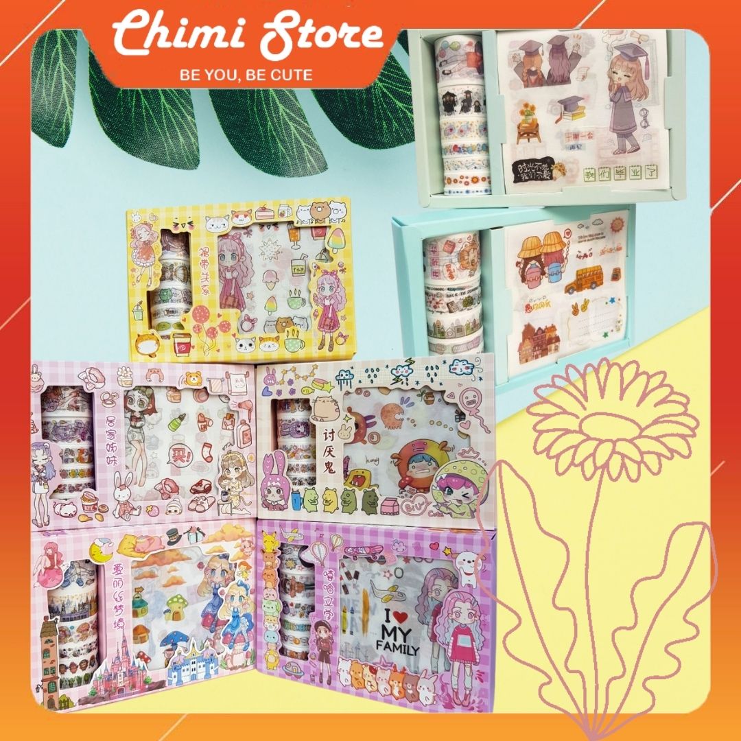 Washi tape sticker Chimi PK026, một hộp gồm 7 Cuộn Washi Tape Kèm 9 Sticker phong cách Nhật Bản mẫu tiểu thư lãng mạn, tặng quà móc khóa Arcylic giá 5K
