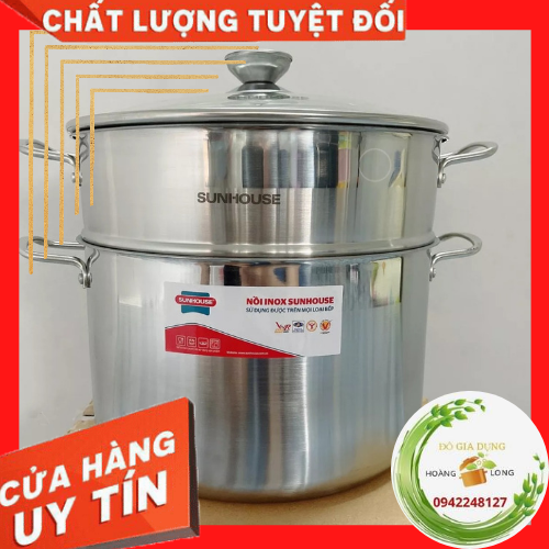Nồi xửng hấp 2 tầng inox nắp kính cao cấp sunhouse 28cm