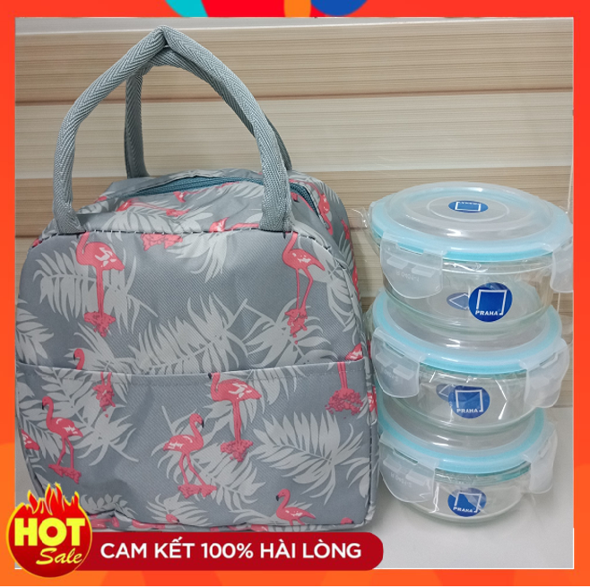 Bộ Hộp Đựng Cơm Giữ Nhiệt Gồm 3 Hộp Thủy Tinh Praha 400ml Tặng Kèm Túi Giữ Nhiệt 2 Lớp - hộp đựng cơm lock&lock