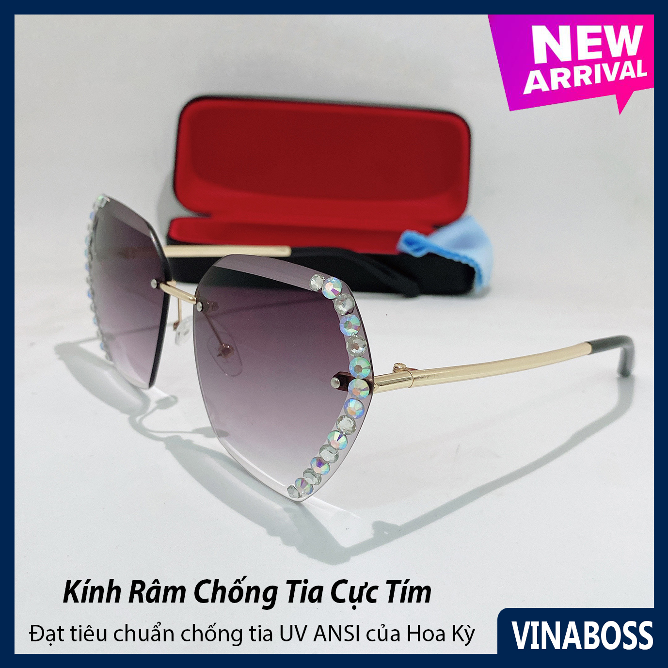 Mắt kính mát nữ thời trang VN8808 gọng kim loại tròng Polariezd chống tia UV - Mắt kính thời trang nữ cao cấp tròng đính đá độc đáo - Tặng kèm hộp và khăn lau