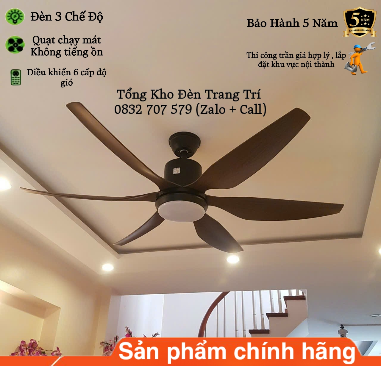 Quạt Trần Đèn Quạt Trần 6 Cánh 8585 6 Cấp Độ Gió 3 Chế Độ Đèn Điều Khiển Từ Xa