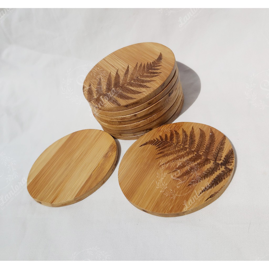 Miếng lót cốc, đế lót ly tròn họa tiết lá dương xỉ bằng gỗ tre ép 100%, bamboo coaster
