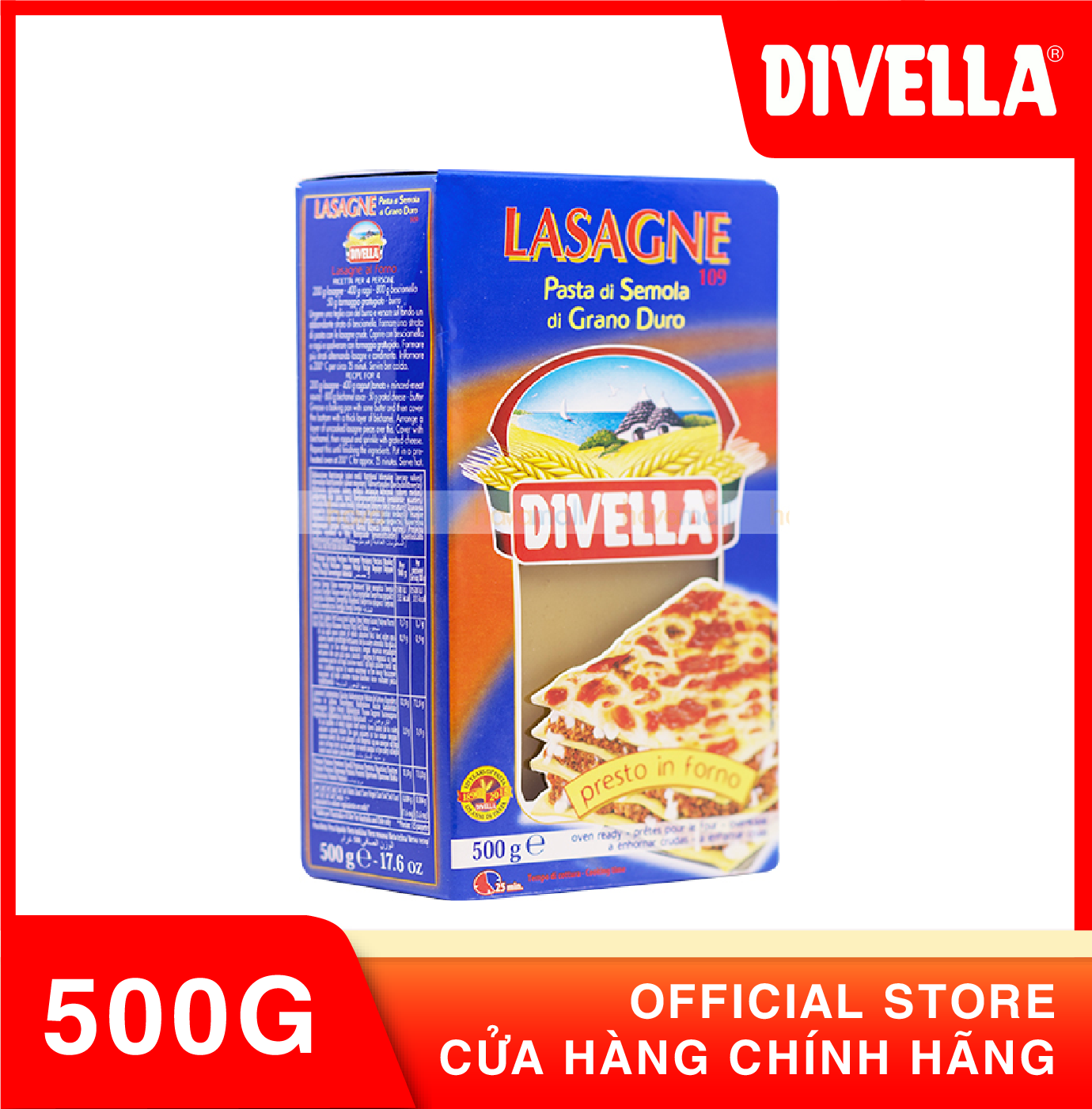 Mì lá Divella Lasagne số 109 – hộp xanh không trứng 500g