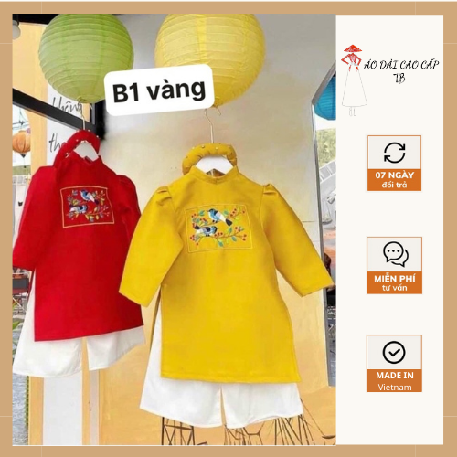 Áo dài tết bé gái áo dài cách tân nữ màu đỏ, hồng, vàng thêu hoa tiết chim, hoa kèm mấn xinh xắn ad23