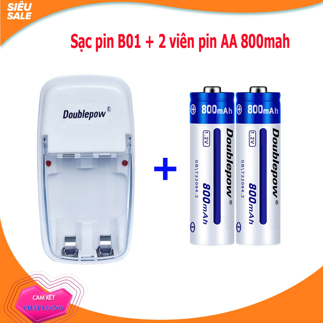 Combo sạc pin tiểu, pin đũa 2 cổng và 02 viên pin sạc AA 800mAh - Doublepow