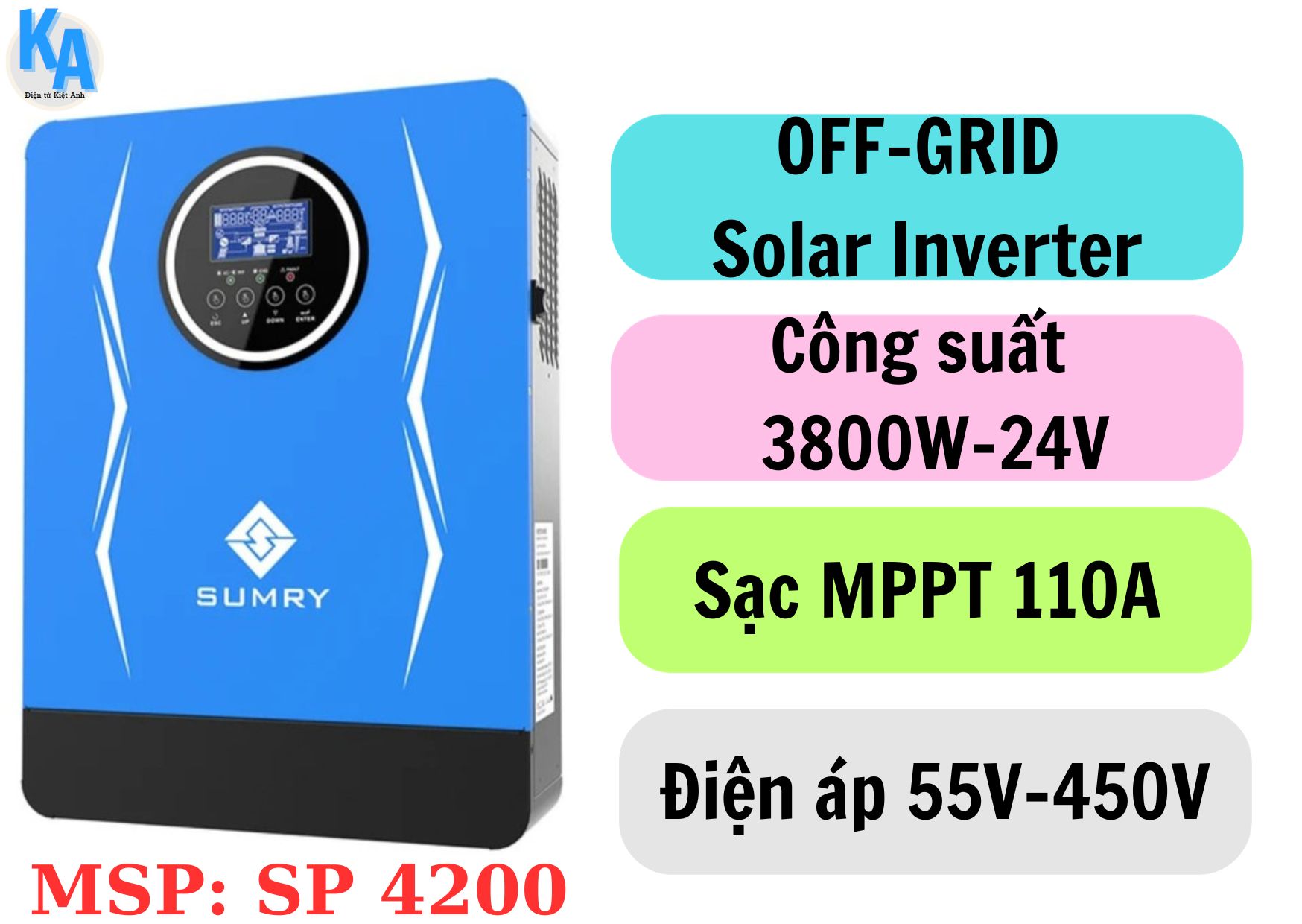 Off-grid solar inverter 3800w 24v điện áp 55v - 450v sạc mppt 110a - sumry sp4200