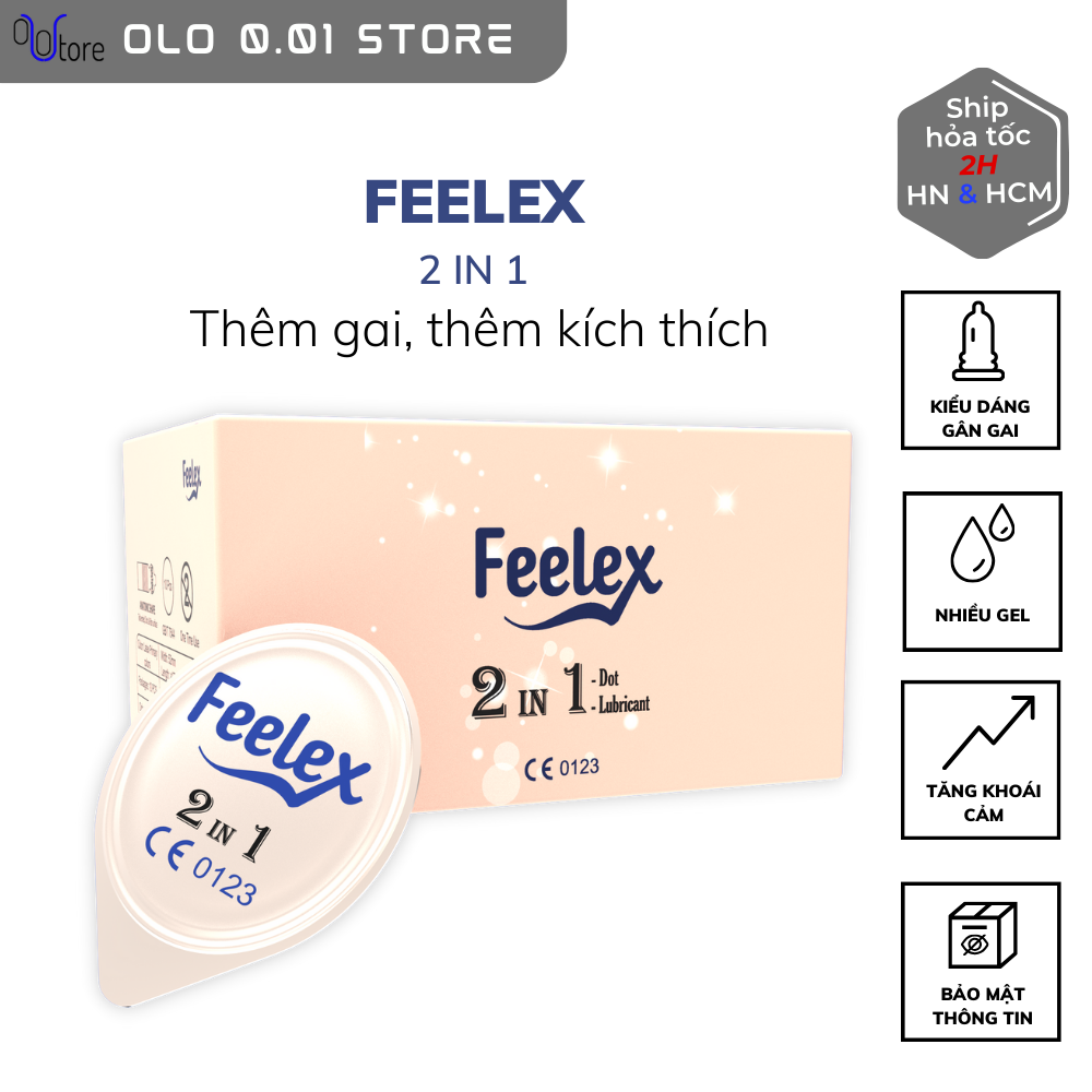 Bao cao su gân gai Feelex 2 in 1 ôm sát nhiều gel bôi trơn hương vani - Hộp 10 chiếc