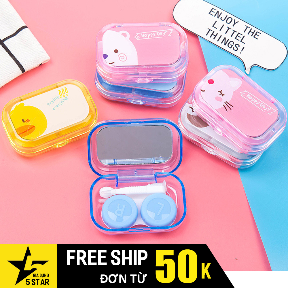 Hộp đựng lens mắt , kính áp tròng kèm đồ gắp len và gương mini icon hoạt hình siêu cute chất liệu an toàn cho mắt 5STAR