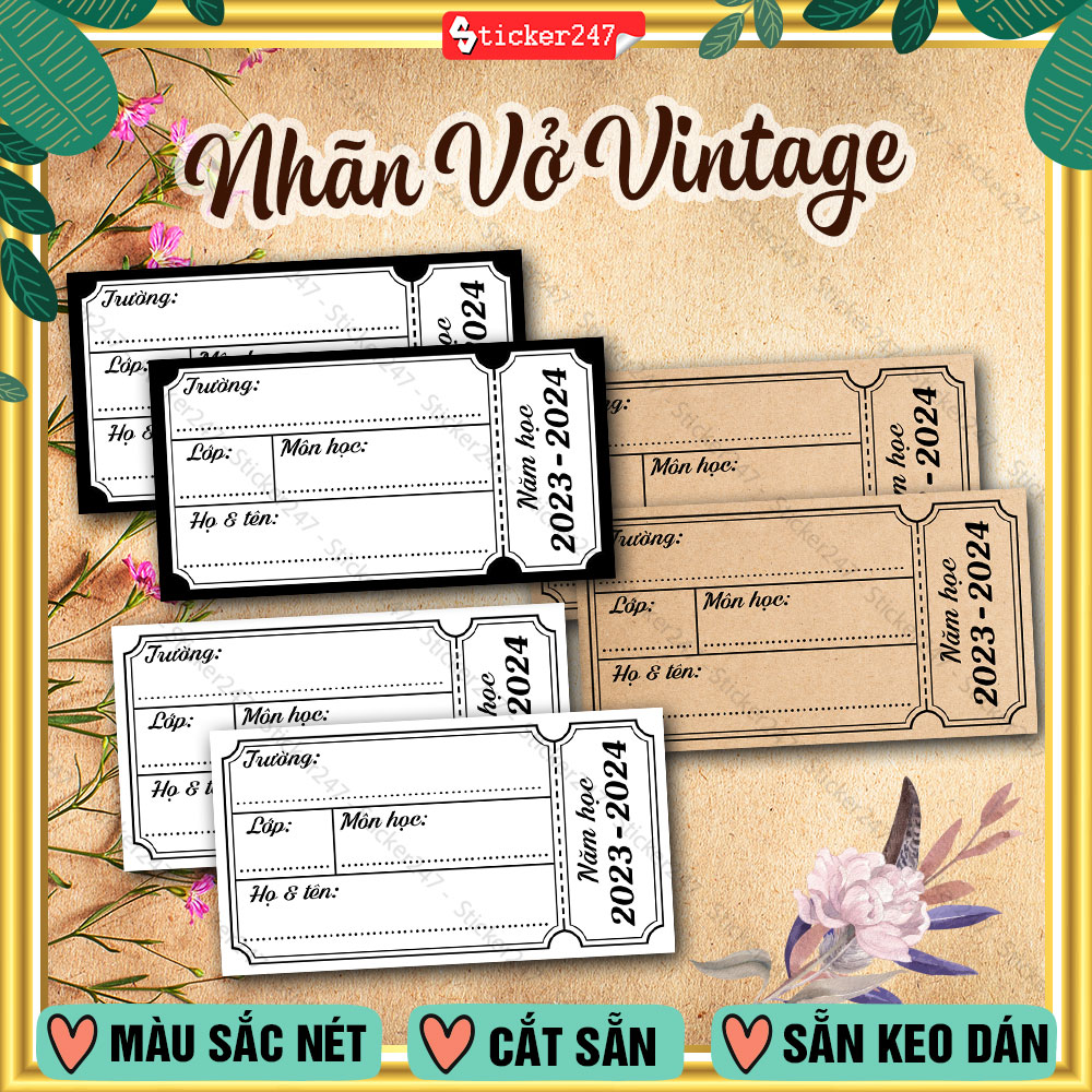 Nhãn vở hình tấm vé vintage cổ điển - giấy nhãn vintage kraft nâu, kraf trắng - sticker nhãn vở