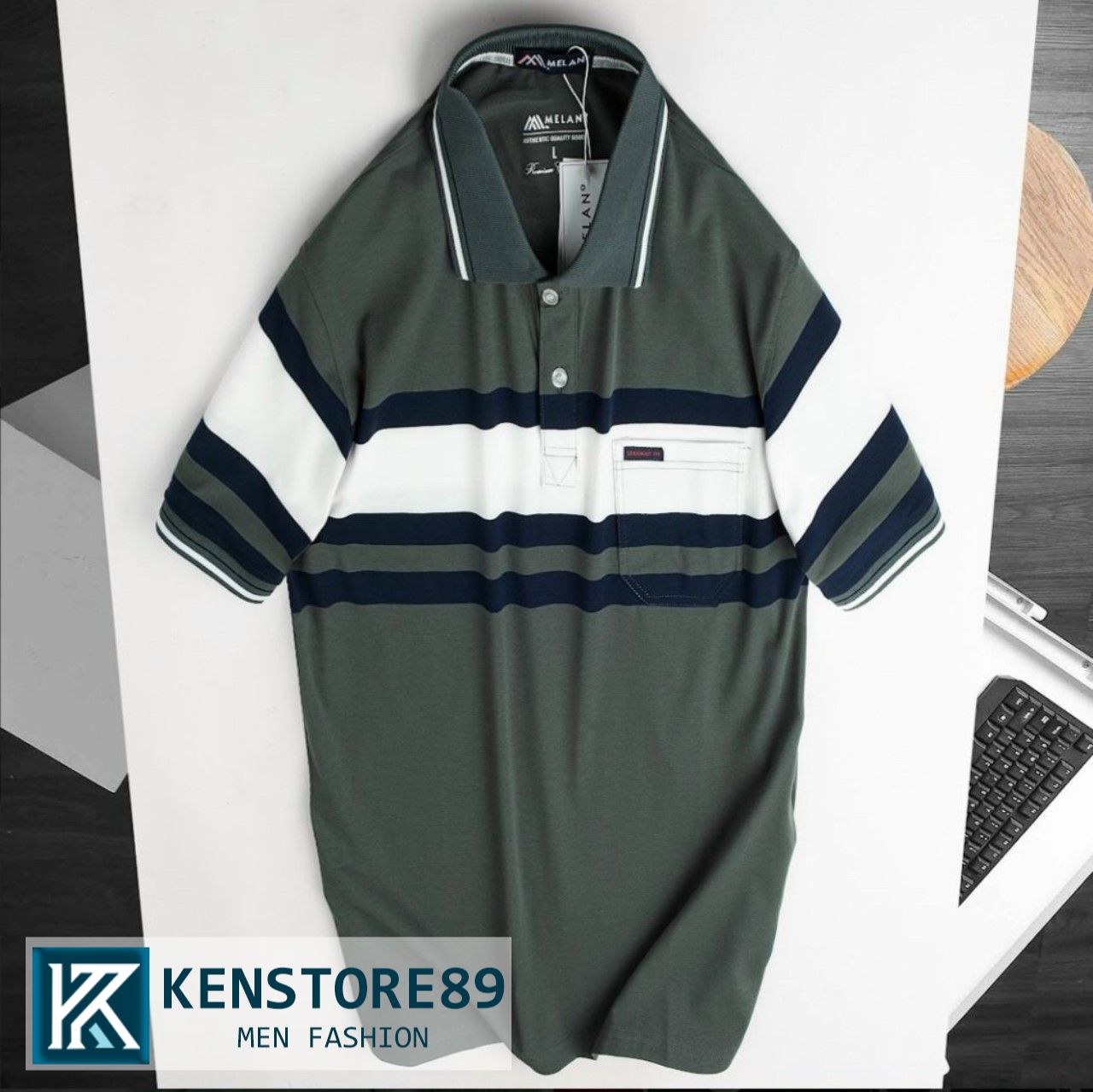 Áo thun nam có cổ trung niên phối túi vải cotton mát kenstore89 atv212