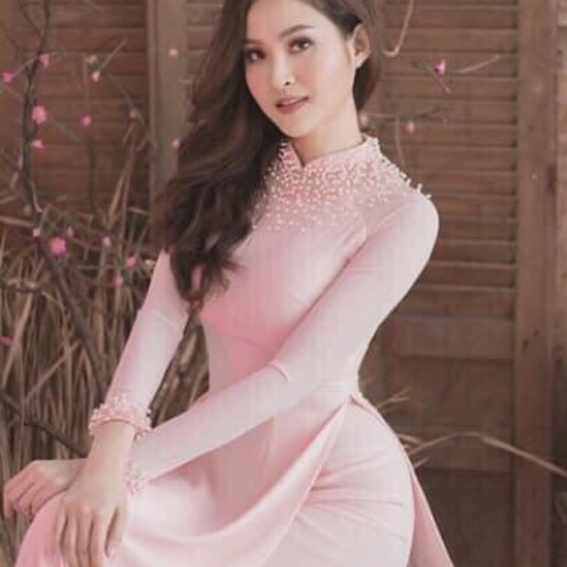 Áo dài lụa màu hồng đính kết sang chảnh, áo dài truyền thống lụa mềm co dãn