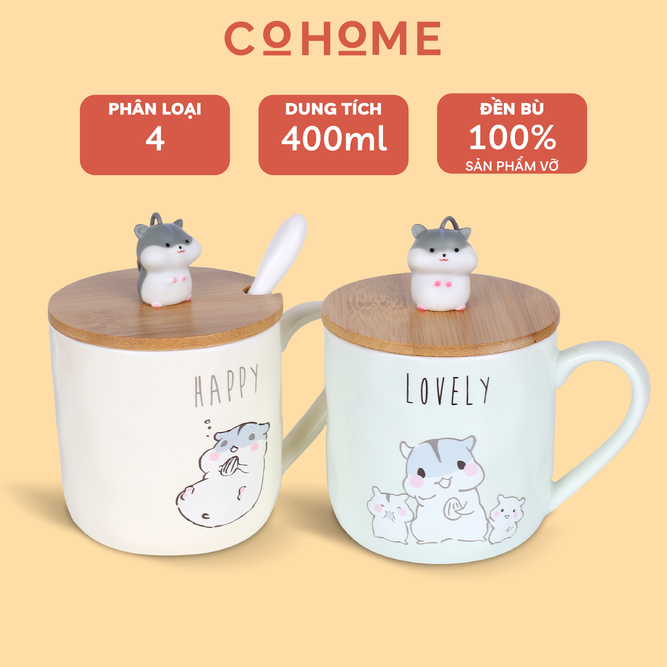 Ly sứ dễ thương họa tiết hình chuột dễ thương, có nắp và thìa kèm theo, dung tích 400ml, phù hợp làm quà tặng, đồ decor