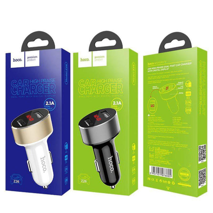 Tẩu sạc xe oto xe hơi sạc nhanh có đèn LED báo sạc 2 thiết bị cùng lúc chính hãng HOCO Z26