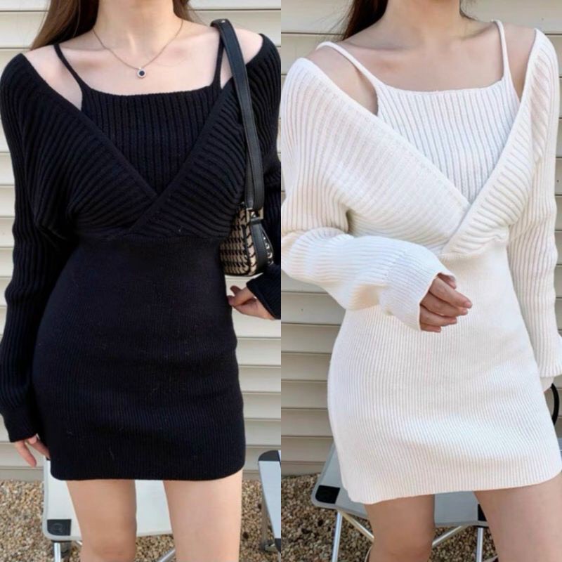Đầm yếm body thun gân len phối kiểu MC tay dài, hai màu