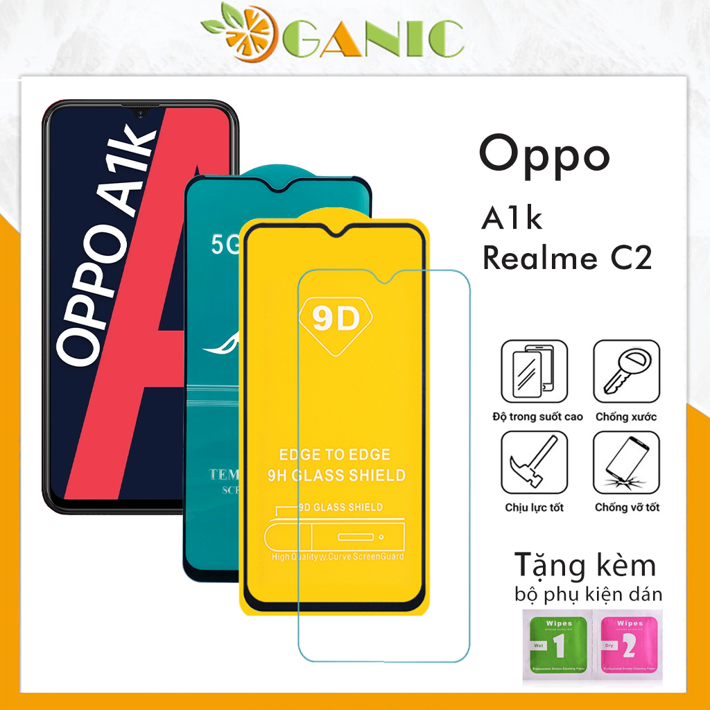 Kính cường lực Oppo A1k Realme C2 full màn hình và trong suốt chống trầy xước rơi vỡ màn hình cảm ứng mượt tặng kèm khăn lau