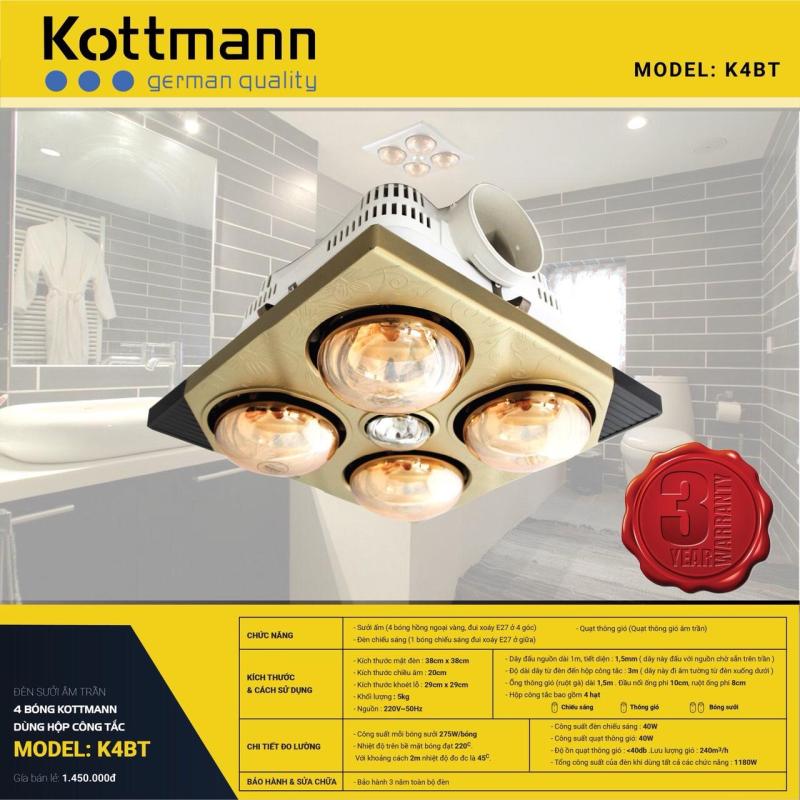 Đèn sưởi nhà tắm 4 bóng âm trần kèm chức năng thông gió và chiếu sáng Kottmann K4BT