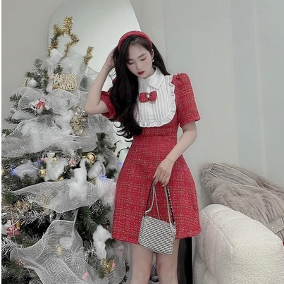 Hàng có sẵn đầm dạ bố đỏ phối cổ trắng nơ đỏ rossy fashion - sr190