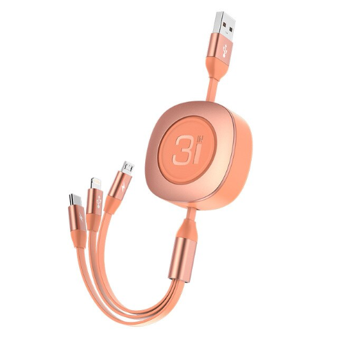 Cáp sạc cuộn, sạc nhanh thương hiệu Rock G3 Stretchable 3 in 1 Charge & Sync Cable RCB0738 dài 120cm 3 đầu Lightning, Micro và Type-C cho Xiaomi Huawei Samsung, iPhone