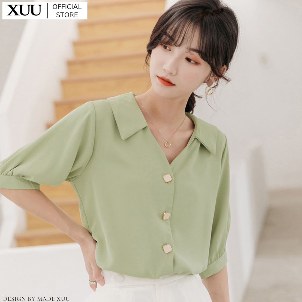 Áo sơ mi nữ kiểu cổ V Xuu , kiểu dáng basic trơn tay lỡ thời trang - SP44