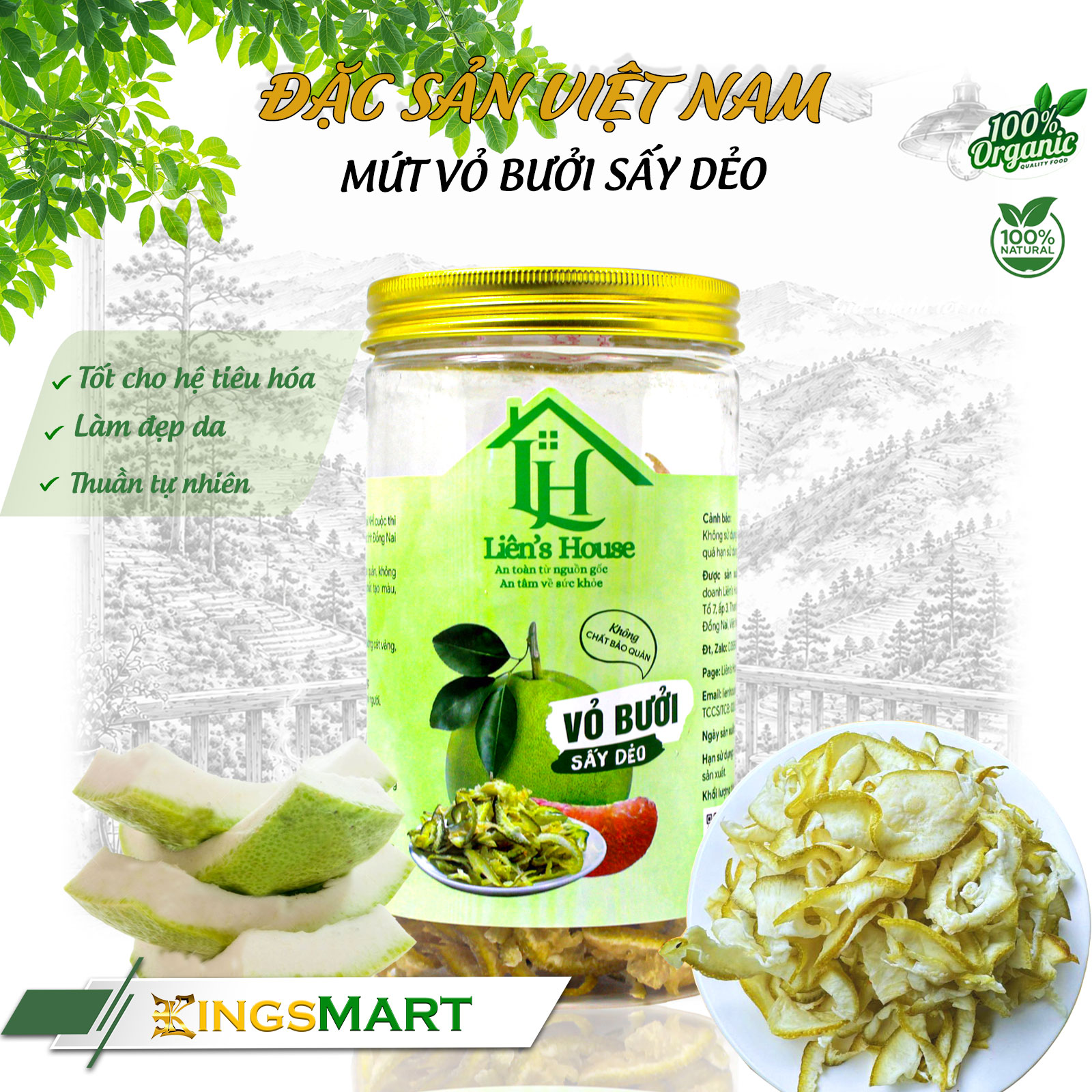 Mứt vỏ bưởi sấy dẻo - Thương hiệu LIÊN'S HOUSE - Đặc sản Đồng Nai - Hũ nhựa 150g - Kingsmart