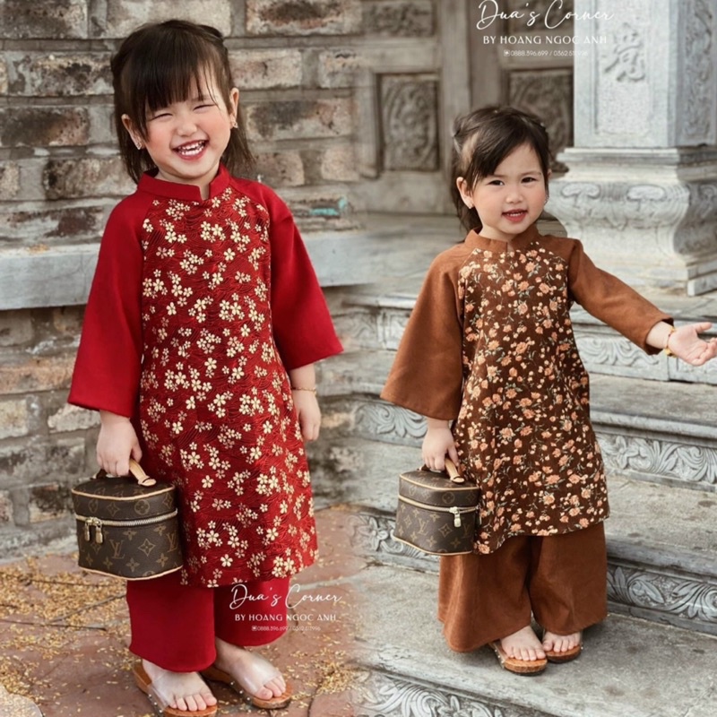 Áo dài hoa nhí trendy tăm nhung cho bé gái