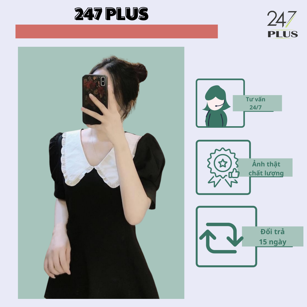 Váy đen cổ bèo trắng 247PLUS dáng chữ A màu đen cực xinh