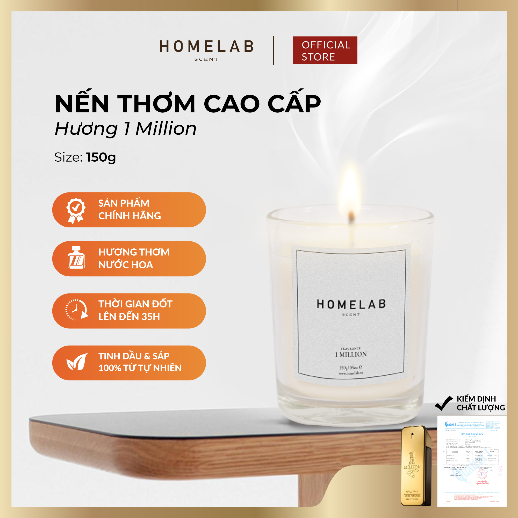 Nến thơm phòng cao cấp mùi hương 1 MILLION - Paco Rabanme mùi hương thiên nhiên sang trọng, uy quyền 150g_HOMELAB