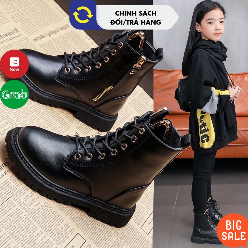 Boot trẻ em cổ cao cho nam nữ da mềm đế êm nhẹ size 27-39 màu Đen phong cách Anh - Boots Martin Quảng Châu đẹp Giày bốt trẻ em giày bé gái giày bé trai