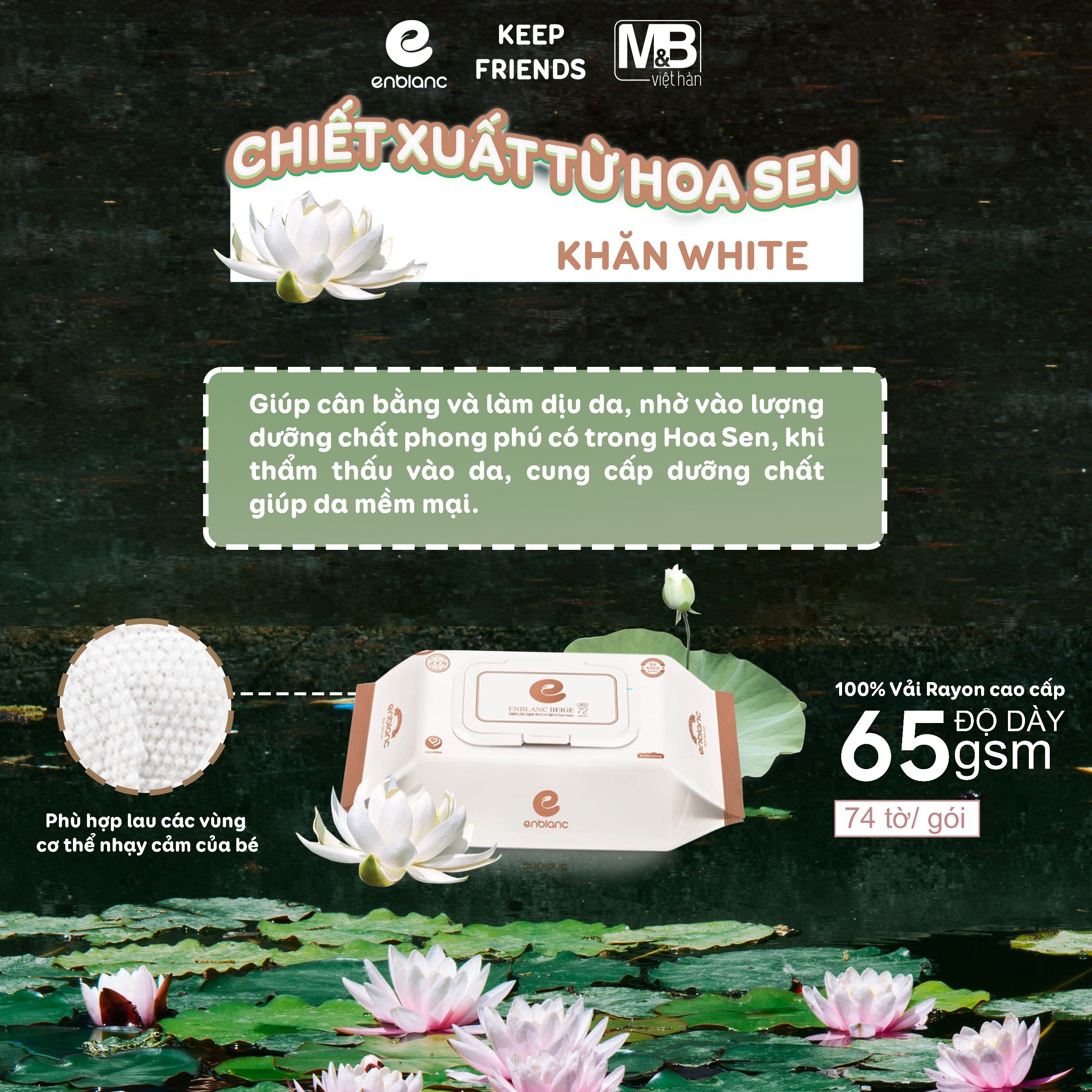 Thùng 10 gói khăn ướt cao cấp hàn quốc enblanc white 74 tờ - không màu, không mùi, không chất bảo quản
