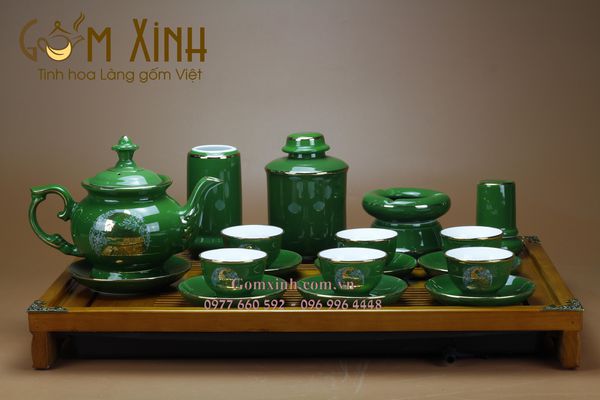 Bộ ấm chén Bát Tràng Chim Công Phú Quý men ngọc lục bảo kèm phụ kiện