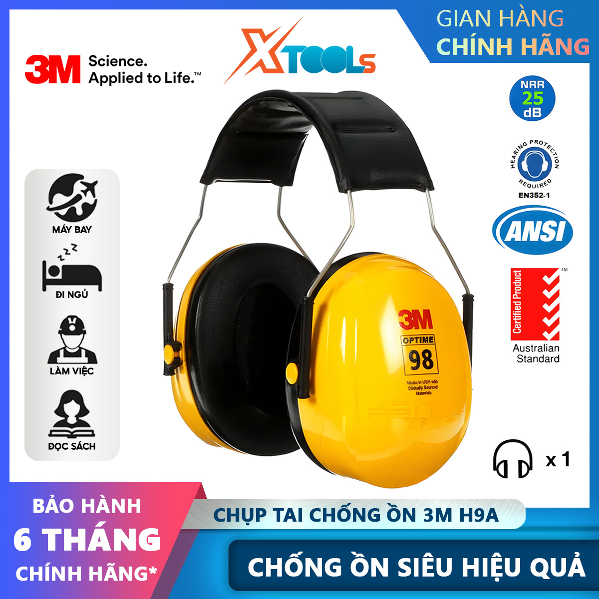 Chụp tai chống ồn 3M H9A đeo qua đầu, độ giảm ồn 25dB, ôm kín khít vành tai người dùng, tai phone chống ồn
