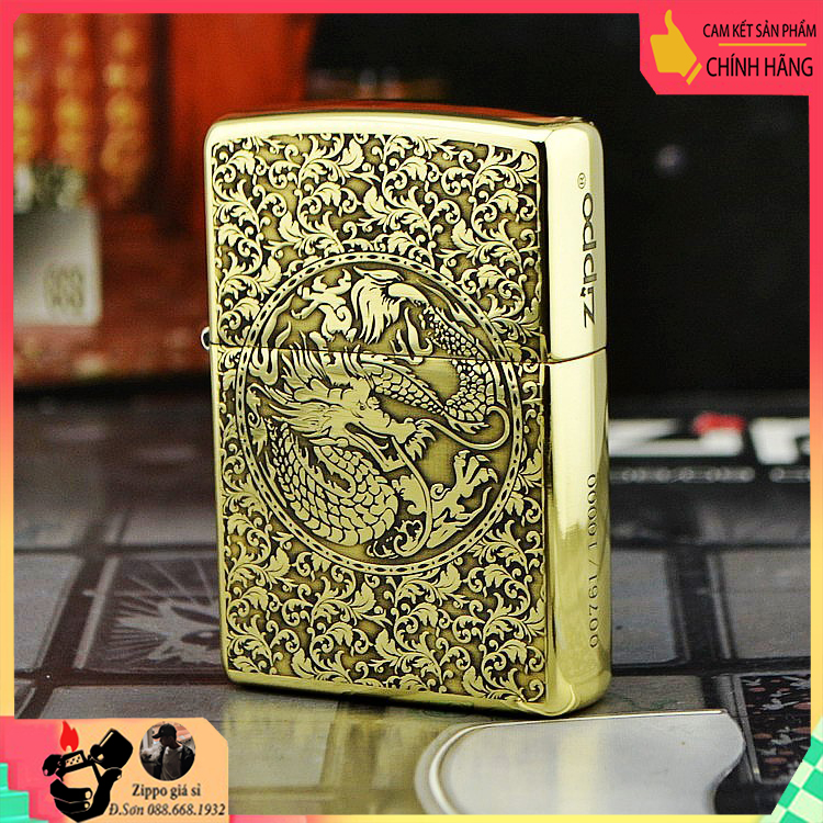 Hộp quẹt zippo đồng bóng khắc rồng phượng giới hạn 1.000 chiếc - Lighter zippo light dragon carved phoenix limited edition