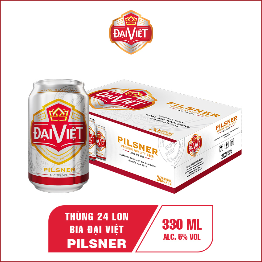 [Thùng 24 lon 330ml] Bia Đại Việt Pilsner, bia vàng, bia lon, sản xuất theo luật bia tinh dòng của bia Đức, không hóa chất, Bia Việt đậm vị đúng gu