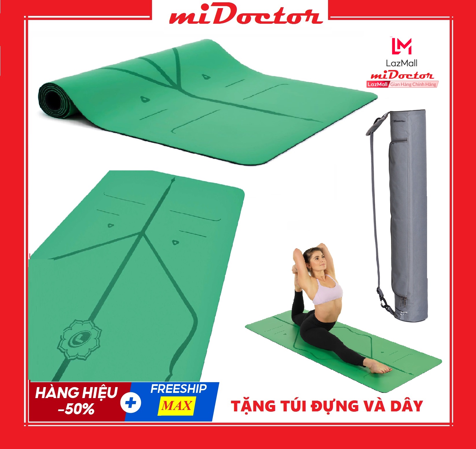 Thảm Tập Yoga Định Tuyến Cao Su PU Cao Cấp Chính Hãng miDoctor Màu Xanh Lá+ Túi Đựng Thảm Tập Yoga PU Định Tuyến + Dây Buộc Thảm Yoga PU Định Tuyến