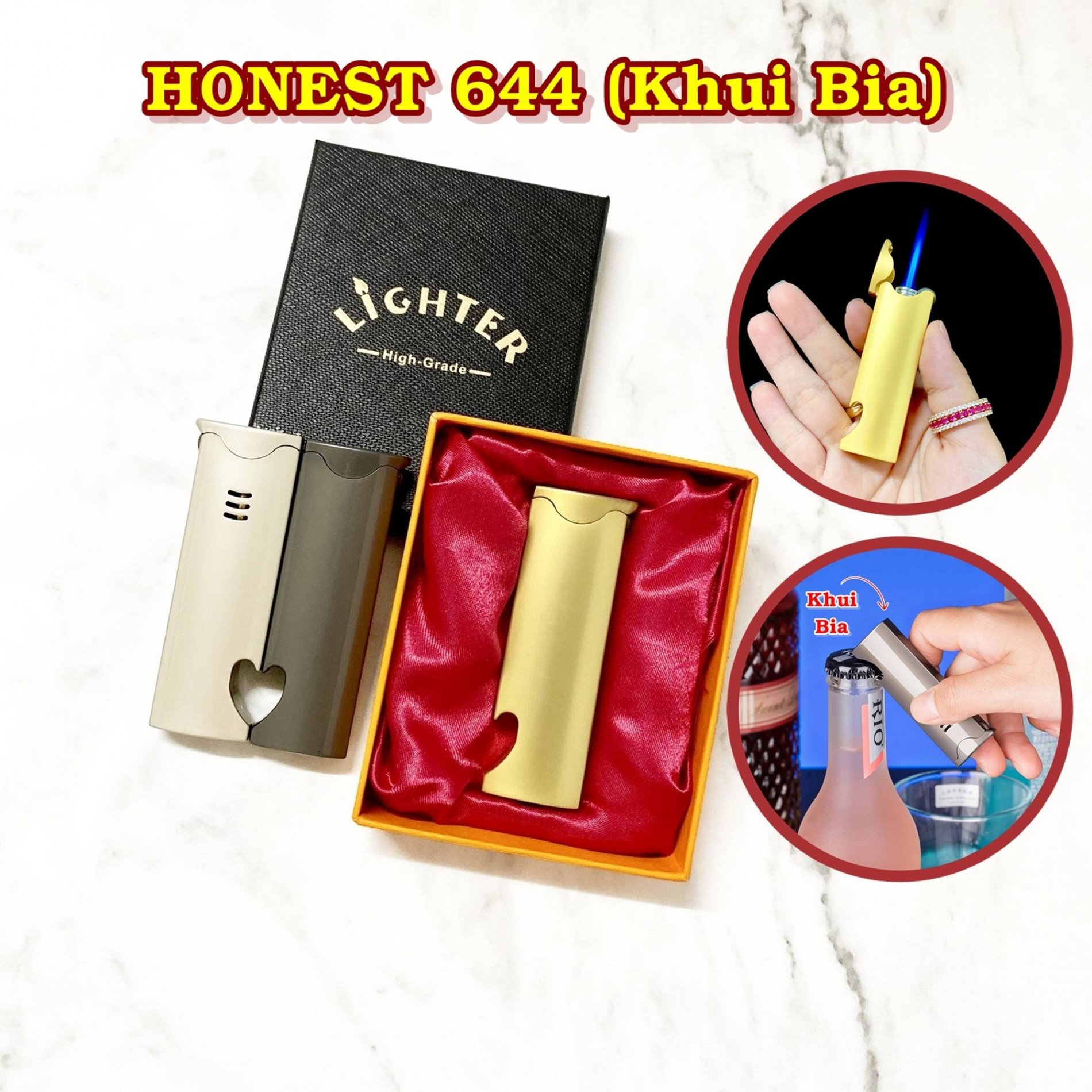 Bật lửa khè gas đá rãnh tay 644 có khui bia kim loại - có hộp