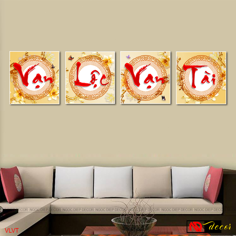Bộ 4 tấm tranh dán tường phòng khách Vạn Lộc Vạn Tài 3D, tranh phong thủy in sắc nét rực rỡ