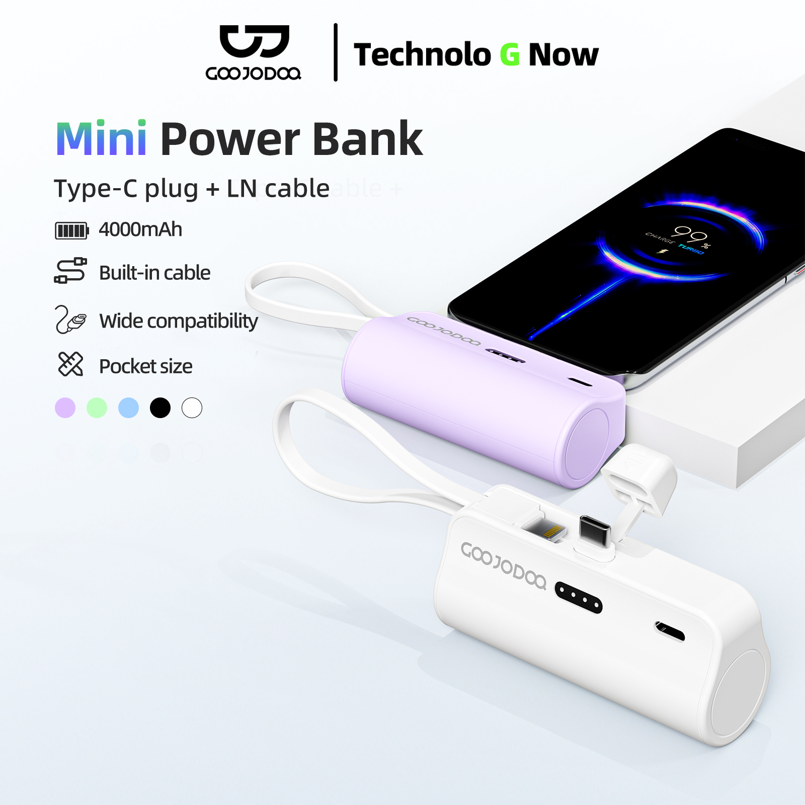 Sạc Pin Dự Phòng Mini GOOJODOQ 4000MAh,Tích Hợp Cáp Type-C & LN,Pin Hiệu Suất Cao, Cầm Tay Và Kích Thước Bỏ Túi