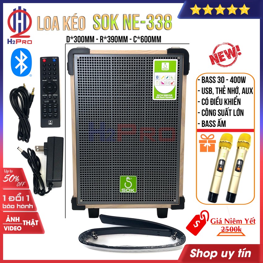 Loa kéo bluetooth bass 30, loa karaoke di động sok ne-338 cao cấp, 400w-usb-thẻ nhớ-aux-hát hay -h2pro tech