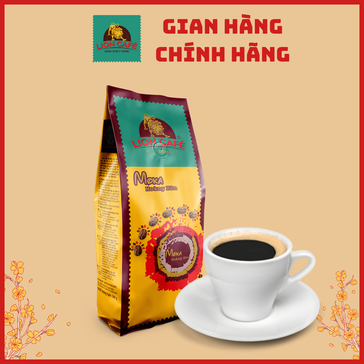 Cà phê Rang Xay Moka Hoàng Hôn LION CAFE - Gói 500gram - 100% hạt Moka Rang Xay Mộc không tạp chất - Top cà phê bán chạy