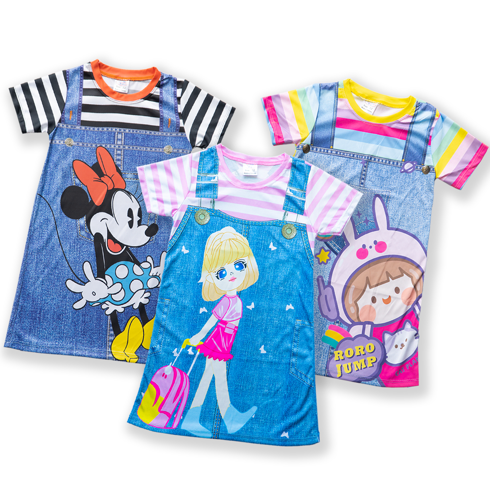 Combo 3 Váy bé gái giả yếm in hình 3D sọc ngang vải thun hiệu MIMYKID