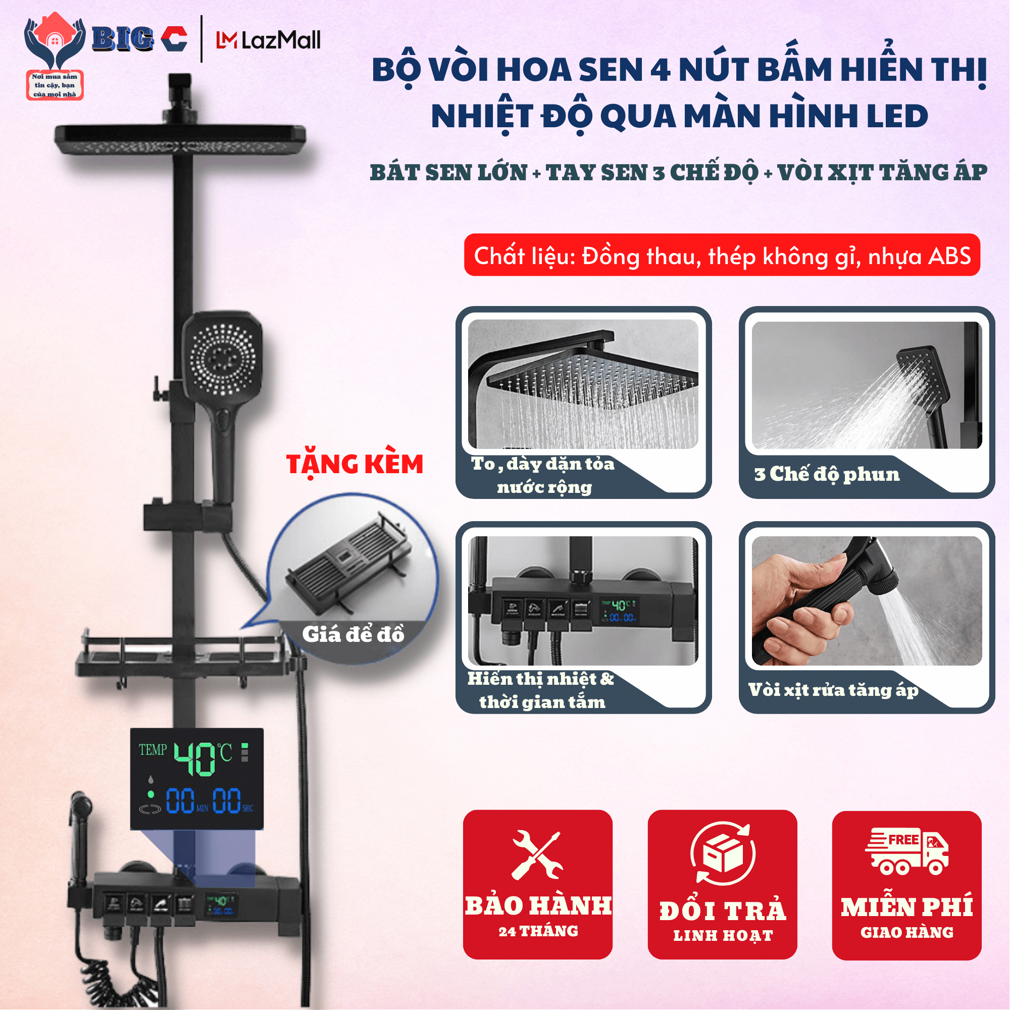 Vòi sen tắm, Sen tắm, Sen cây tắm nóng lạnh, Vòi sen tắm đứng, Vòi sen, Bộ Sen Cây Tắm Đứng Nóng Lạnh - Sen Tắm Nhập Khấu Cao Cấp Dạng Nút Bấm Phím Đàn, Màn Led hiển thị nhiệt độ và thời gian