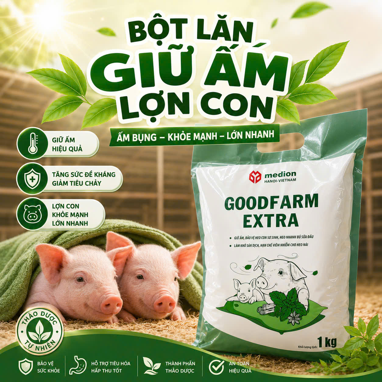 Bột lăn giữ ấm heo con GOODFARM EXTRA - 1Kg Bảo vệ heo con sơ sinh, lợn nhanh bú hơn
