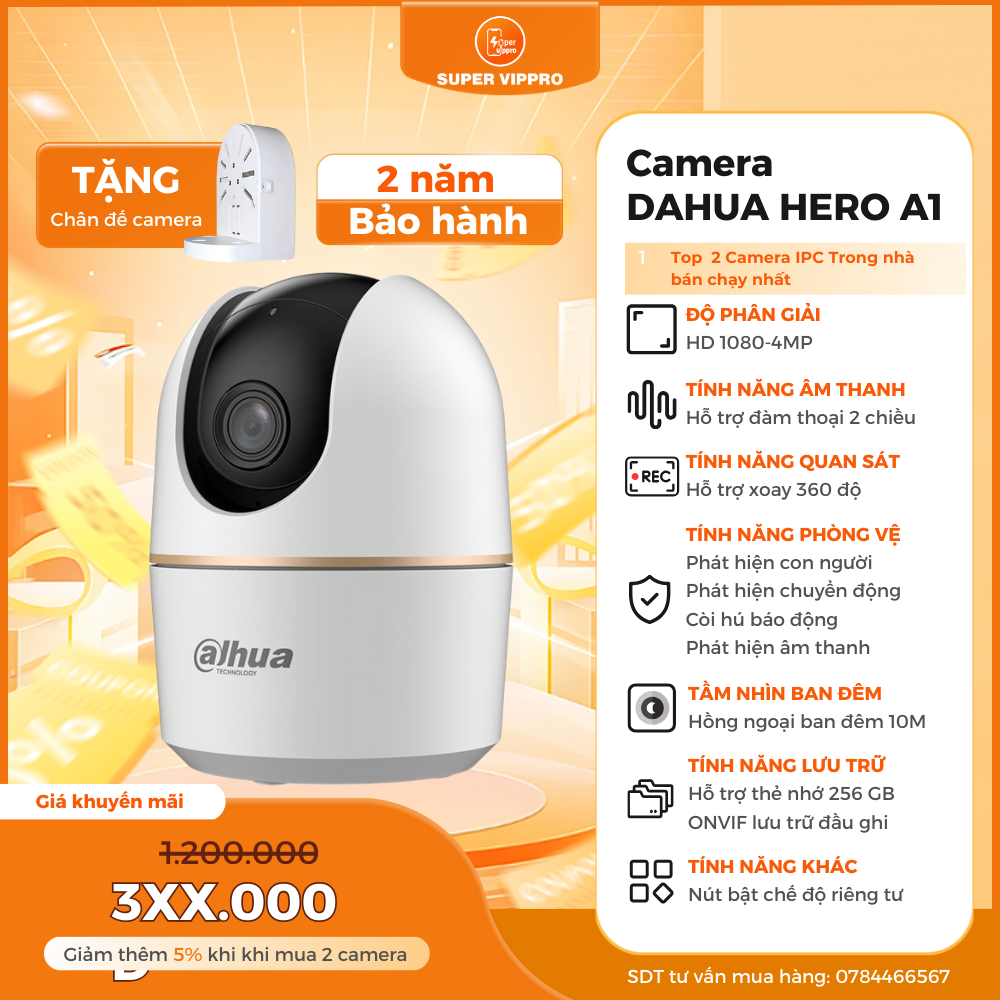 Camera Wifi Không Dây Trong Nhà Dahua HERO A1 H2AE Full HD 2MP - H4AE 4M Xoay 360, Đàm Thoại 2 Chiều